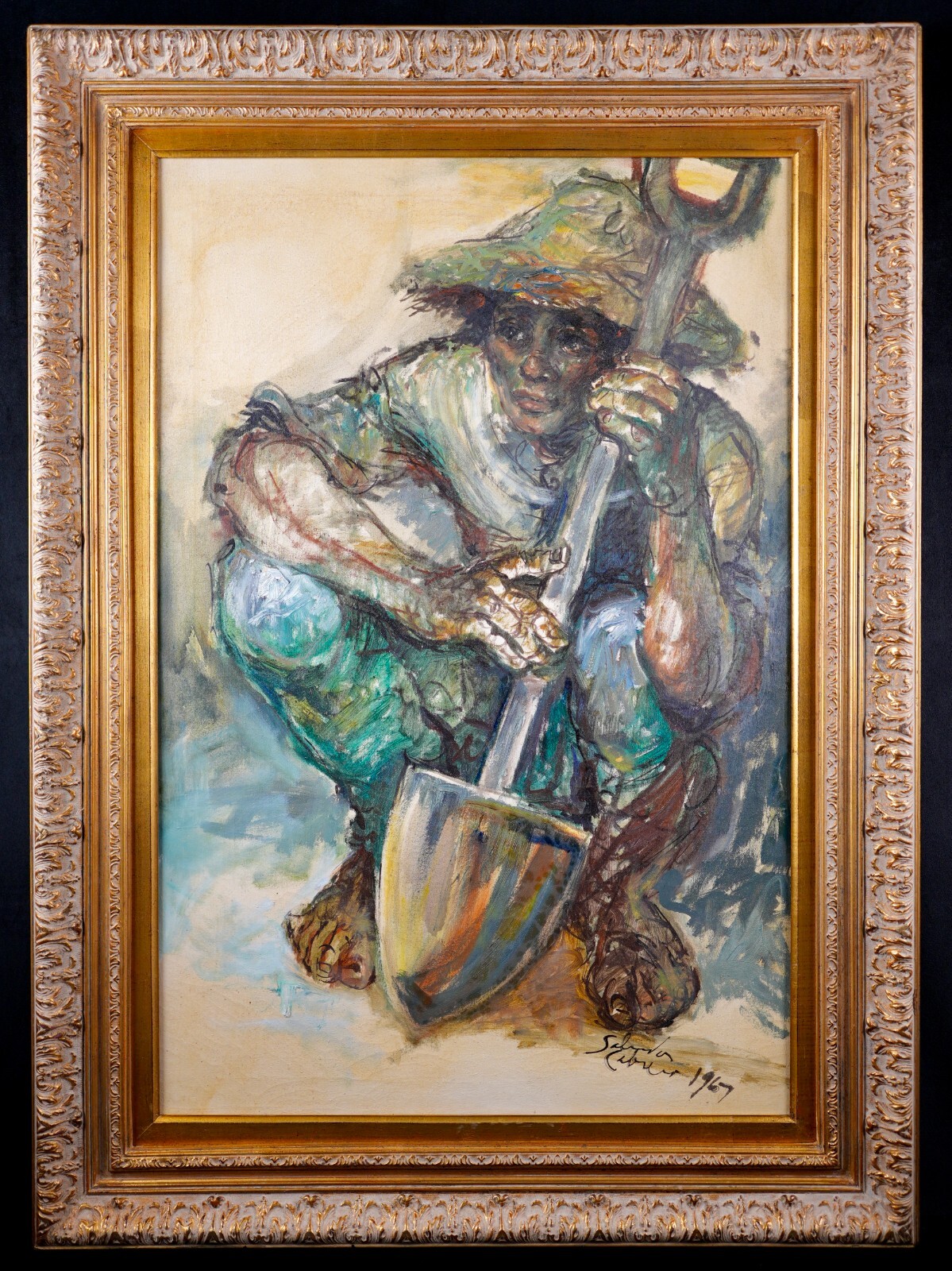 Vintage Framed Large Original Oil on Canvas «Man at Break» By Salvador Cabrera