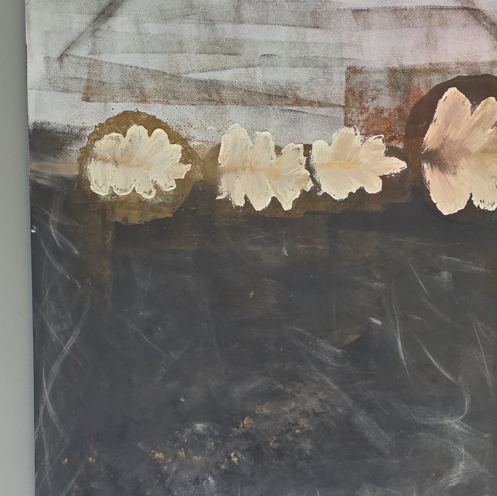 Abstract Floral Painting Gray Tones with Cream Flowers – Single Piece Art