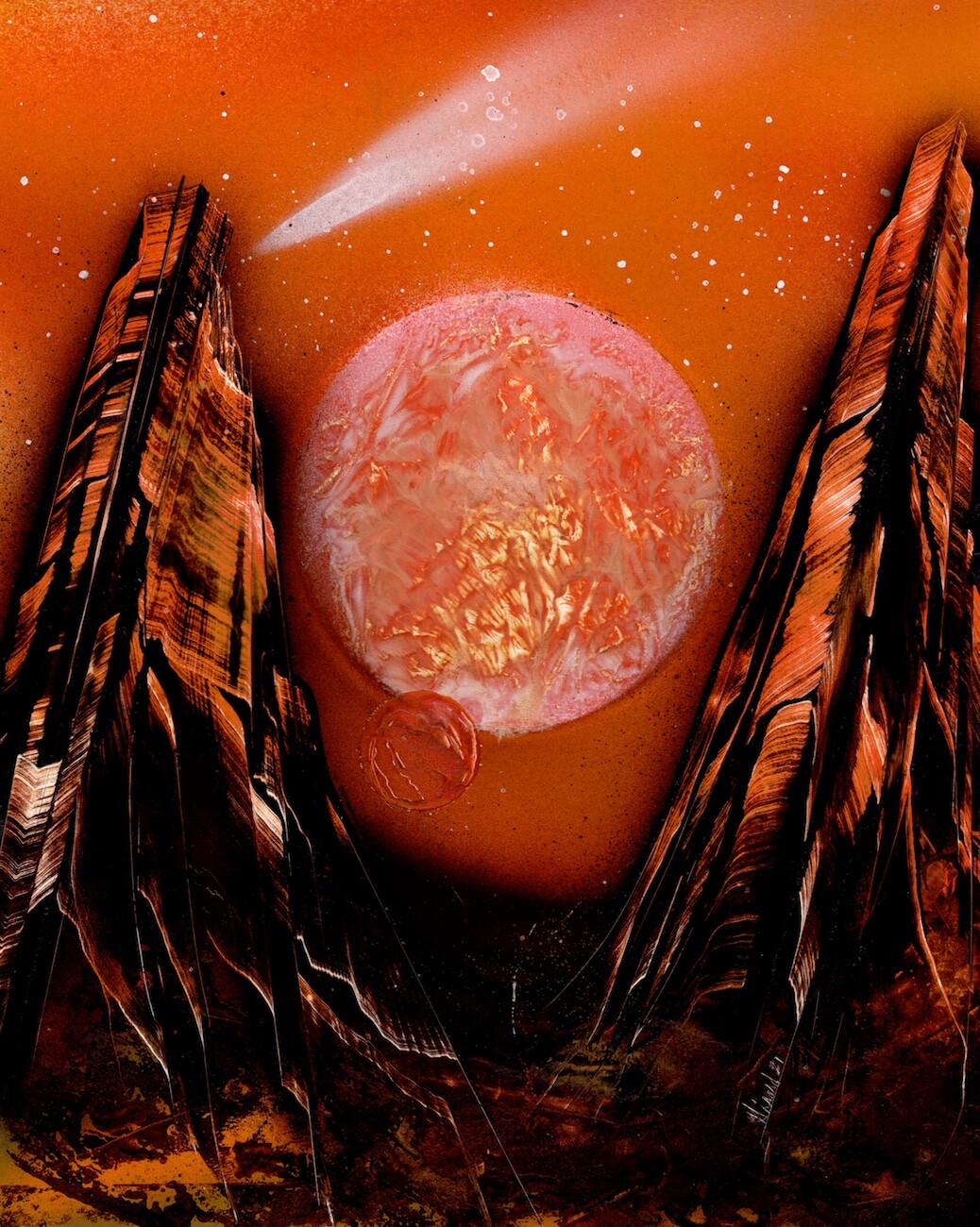 Hand painted and signed Original Space Landscape with Orange Double Moon.