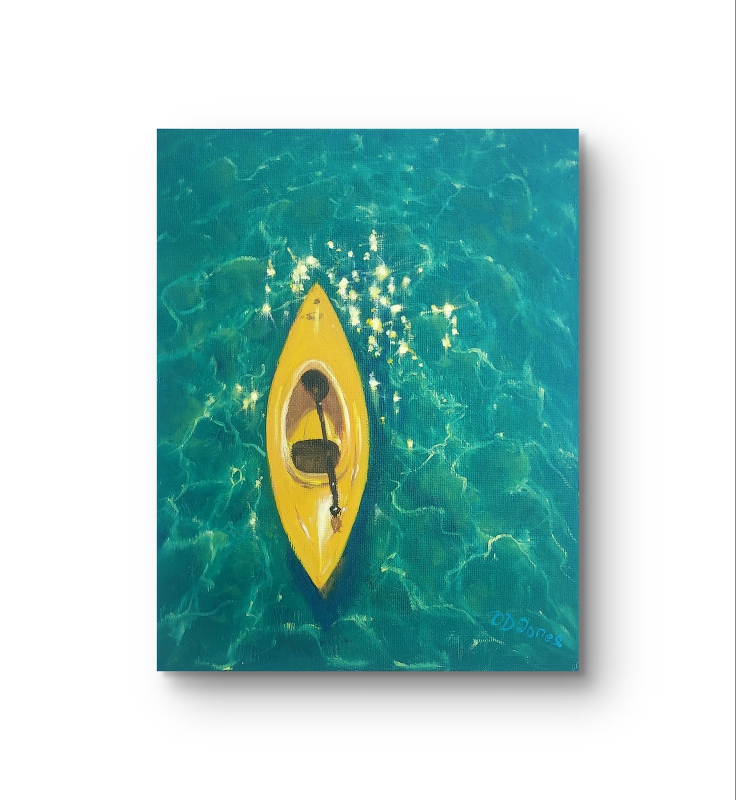 Seascape Oil Painting Yellow Kayak Ocean Water Summer Original Art 8×10