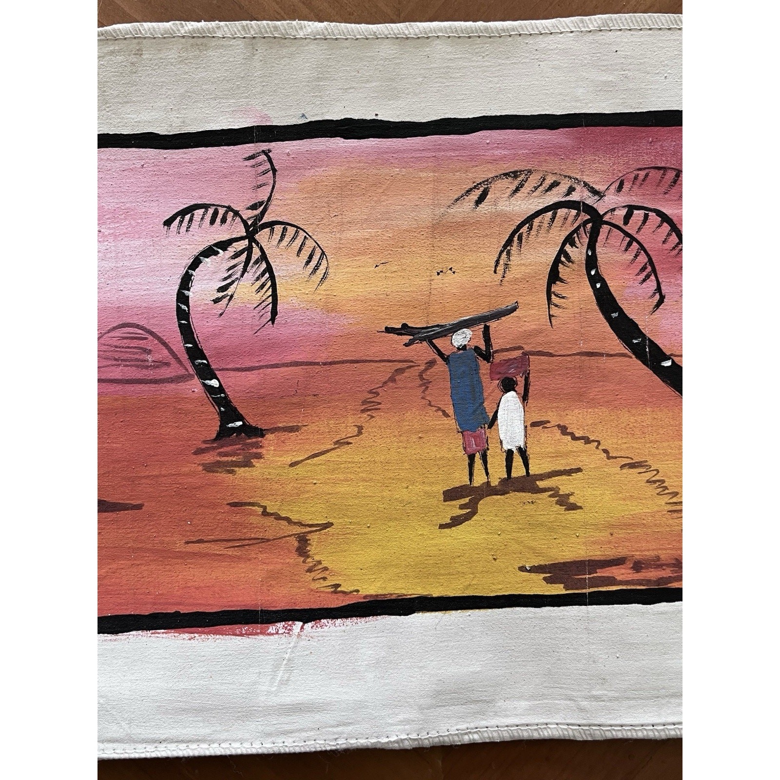 African Influenced Canvas Tapestry Tribal Artwork Sunset Stylized Figures Signed