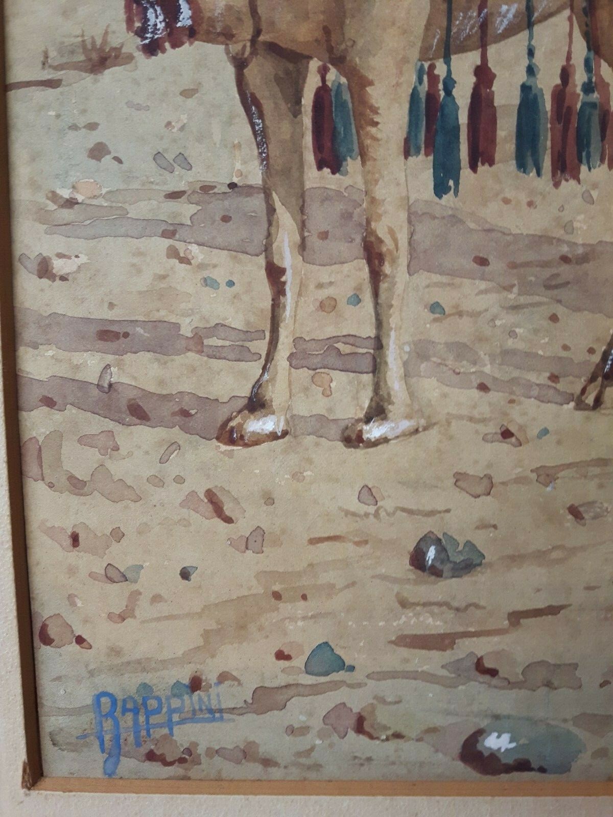 Orientalist Antique painting Watercolor gouche » Camels in the Desert»