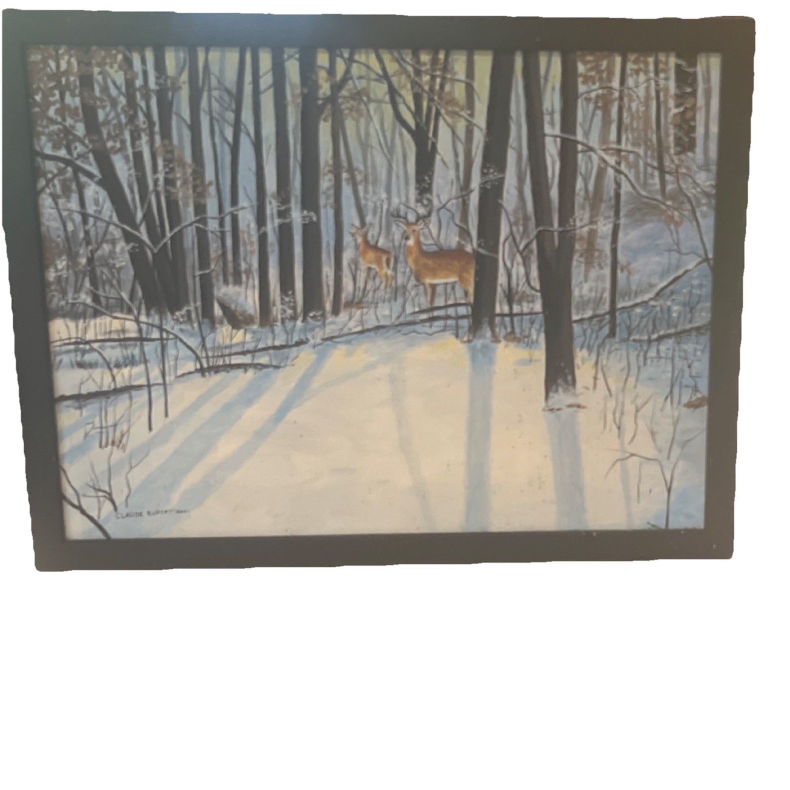 Claude Rupert Whitetails Oil Painting, Deer Forest Winter, Canvas, 2001 signed