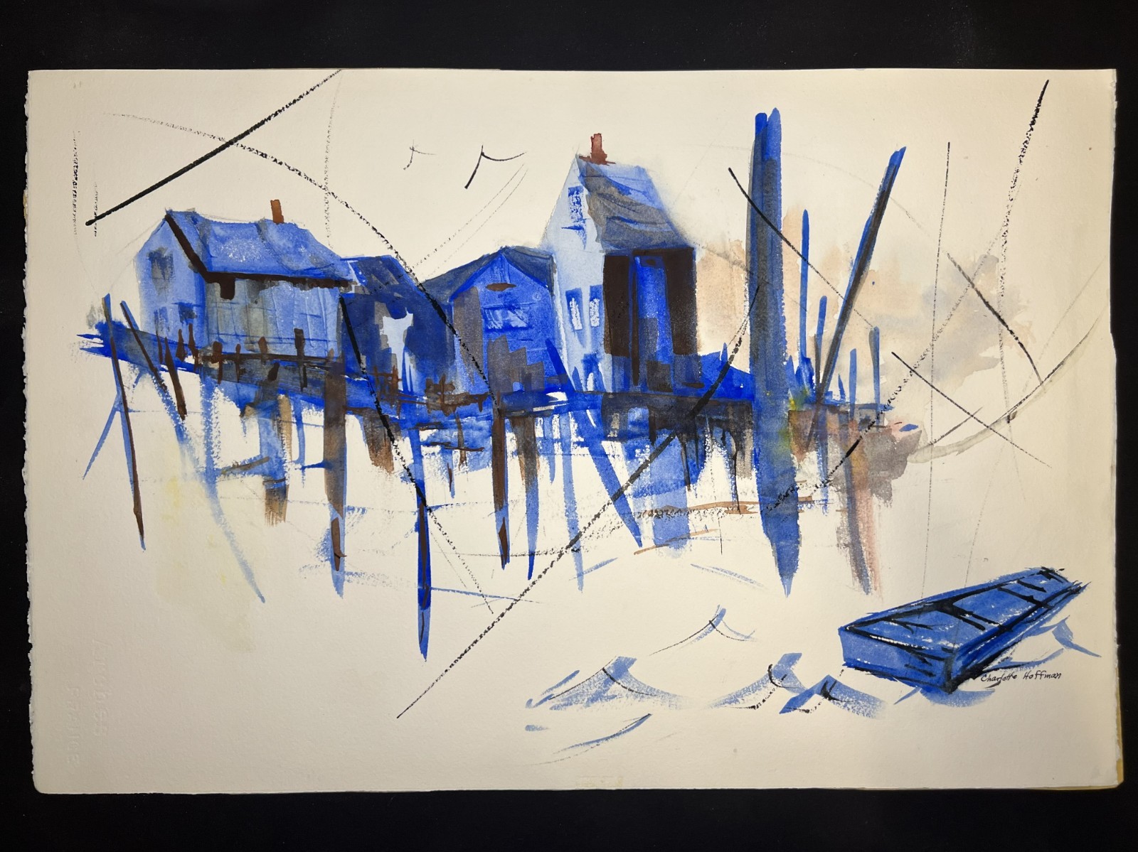 Lakeside Village–Charlotte Hoffman–Medium Size Watercolor– Mid 20th NY Artist