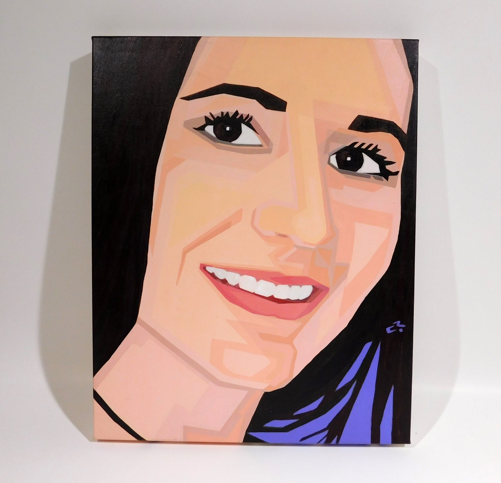 Original Cubism style Portrait of woman Smile Signed art Painting