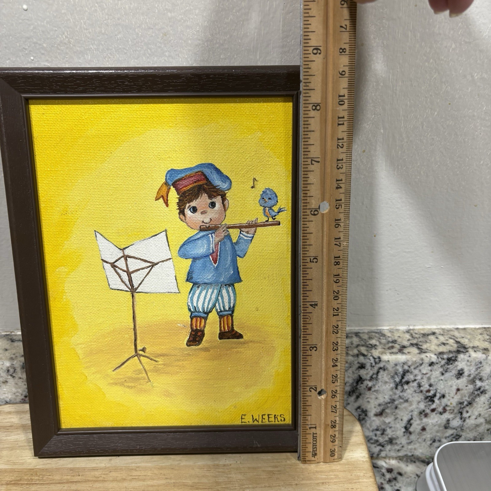 Framed Canvas Painting Small Signed E Weeks Boy Playing Flute 8.5” X 6.5”