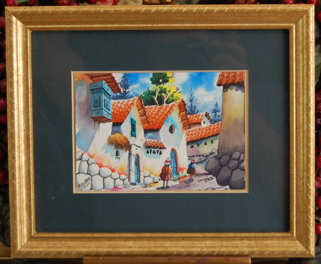 VTG FRAMED SMALL ORIGINAL WATERCOLOR PERUVIAN VILLAGE SCENE ARTIST: A. HUANAI