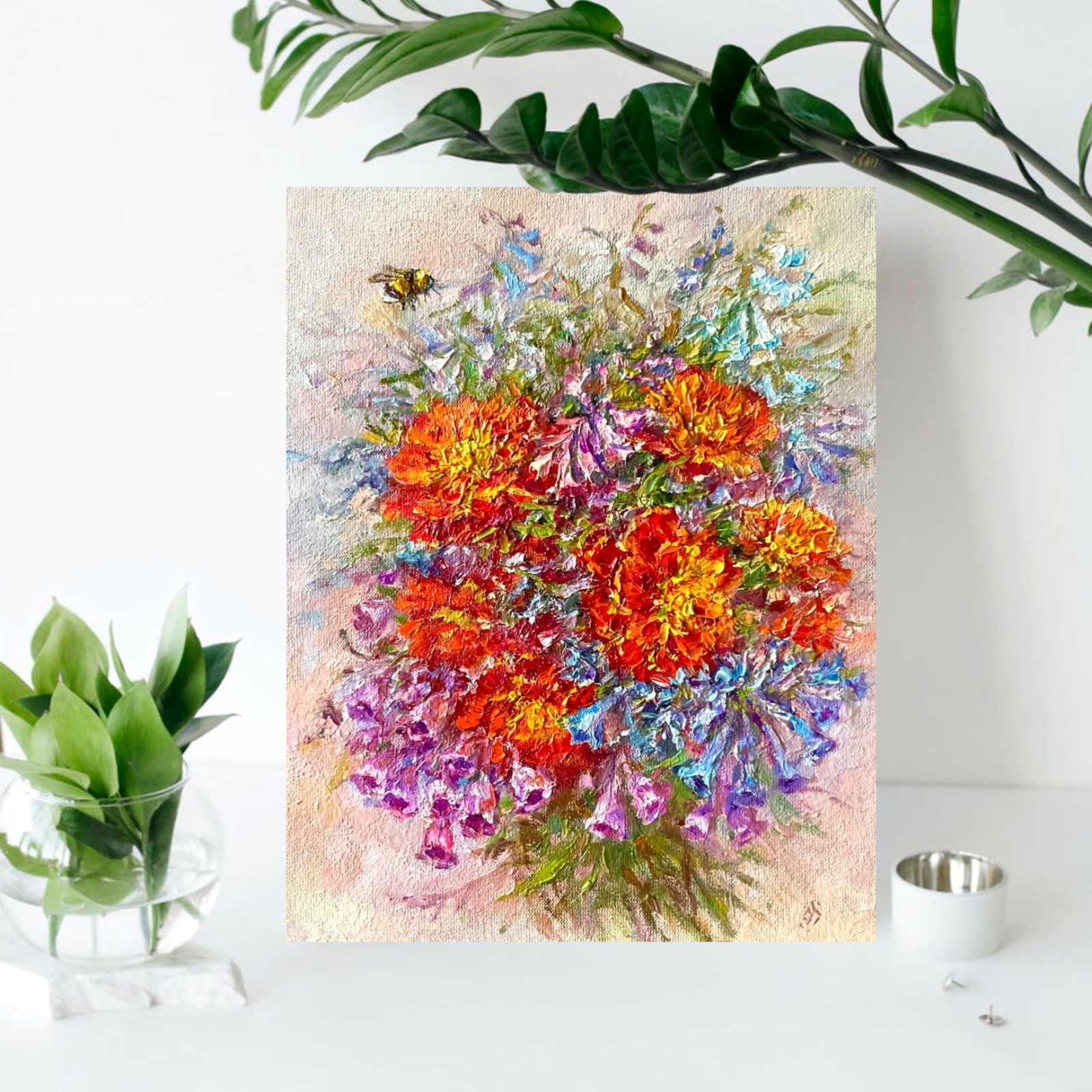 Original Oil Painting Marigolds Wildflowers Impasto Wall Art 10×7.8 in Signed