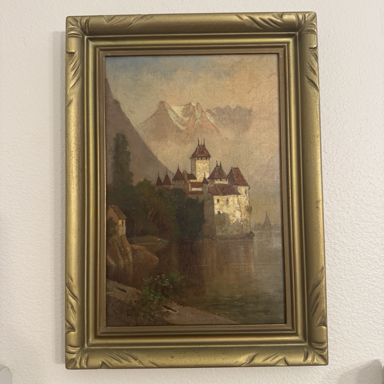 Edwin Deakin 1838-1923 Castle of Chillon Switzerland Oil Painting Signed 14×10
