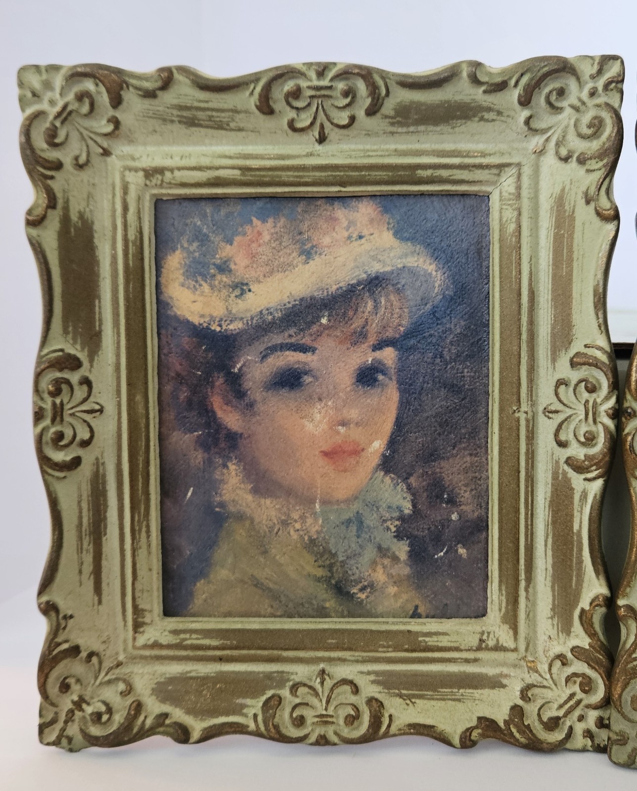 VTG Hulda «Suzanne & Annette» 2 Framed Art Portraits MCM Antiqued Cream & Green.