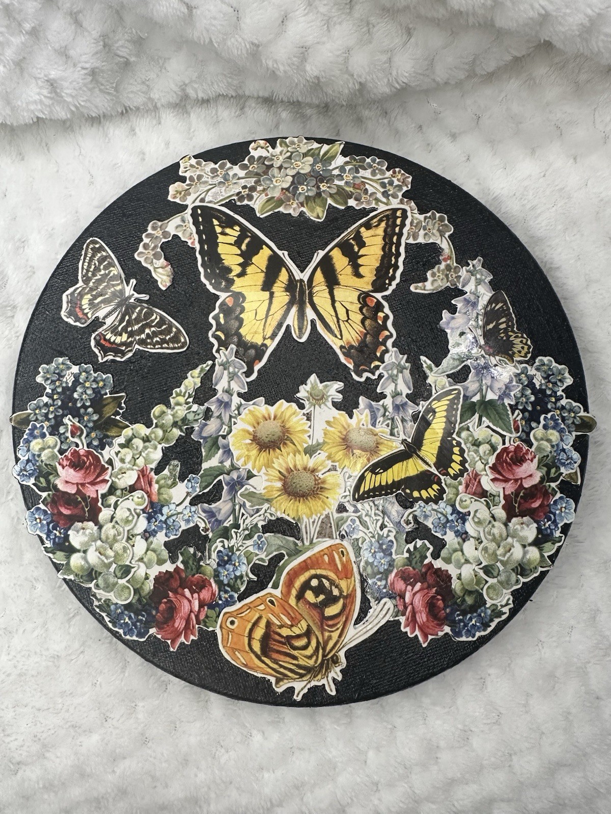 8in Round Original Multimedia Butterflies Flowers Art Piece Canvas