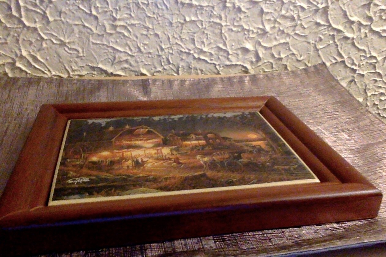 Terry Redlin Hand Painting On Porcelain ‘Harvest Moon Ball In Dark Wooden Frame