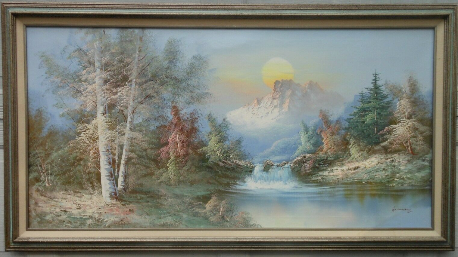 VTG Large Hanrey Landscape Oil Painting Misty Mountain Sunset Waterfall Lake