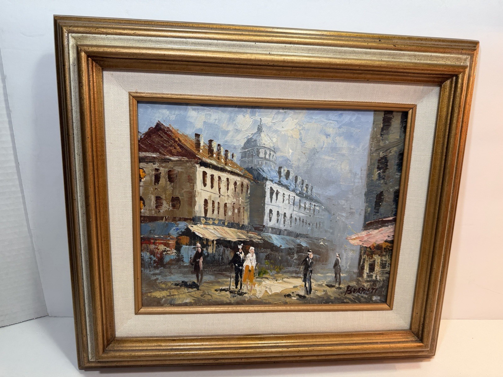 Vintage Caroline Burnett Signed Oil Painting Paris Street Scene Framed 13”x15”
