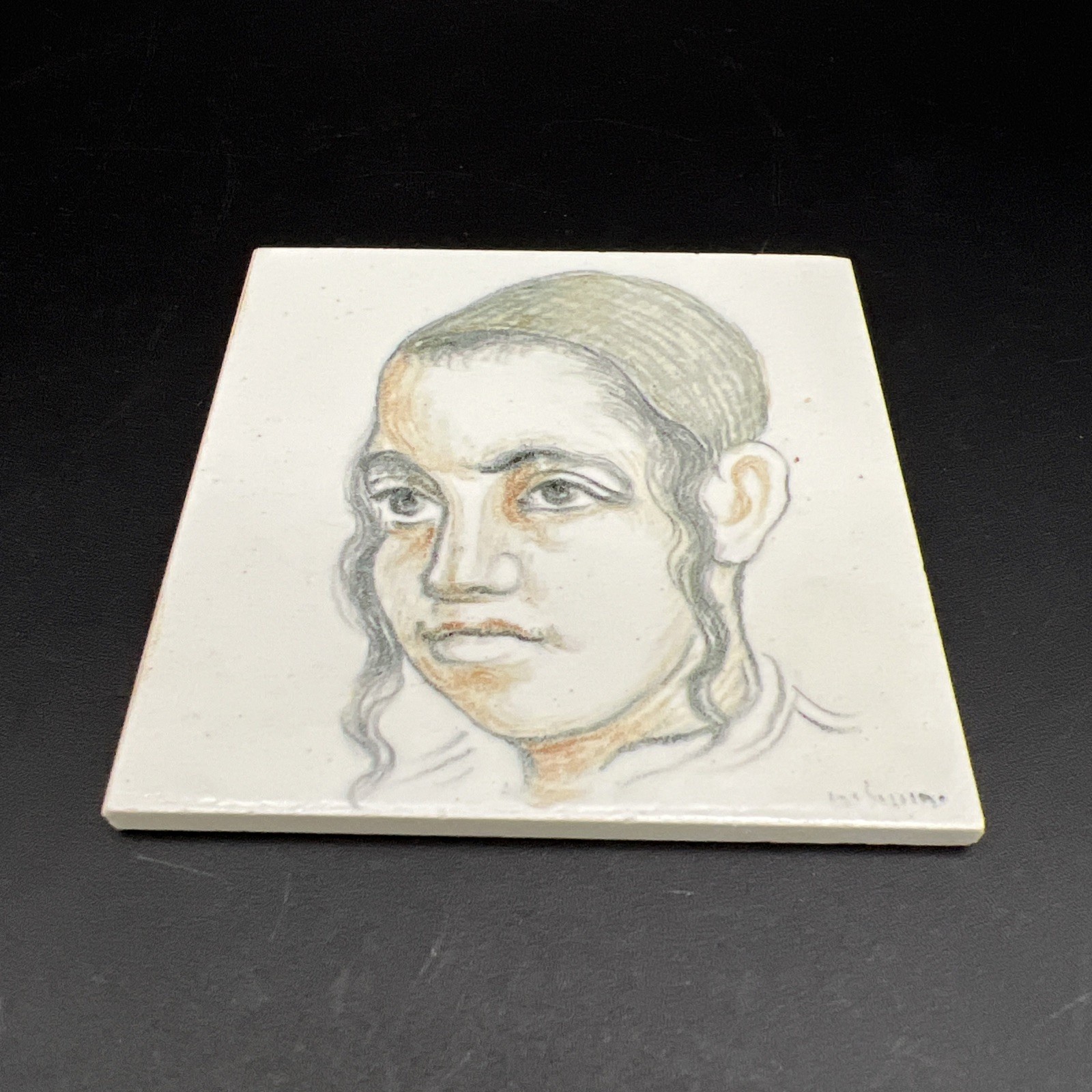 Vintage 1920s Jacob Eisenberg Bezalel School Jerusalem BOY Portrait Tile