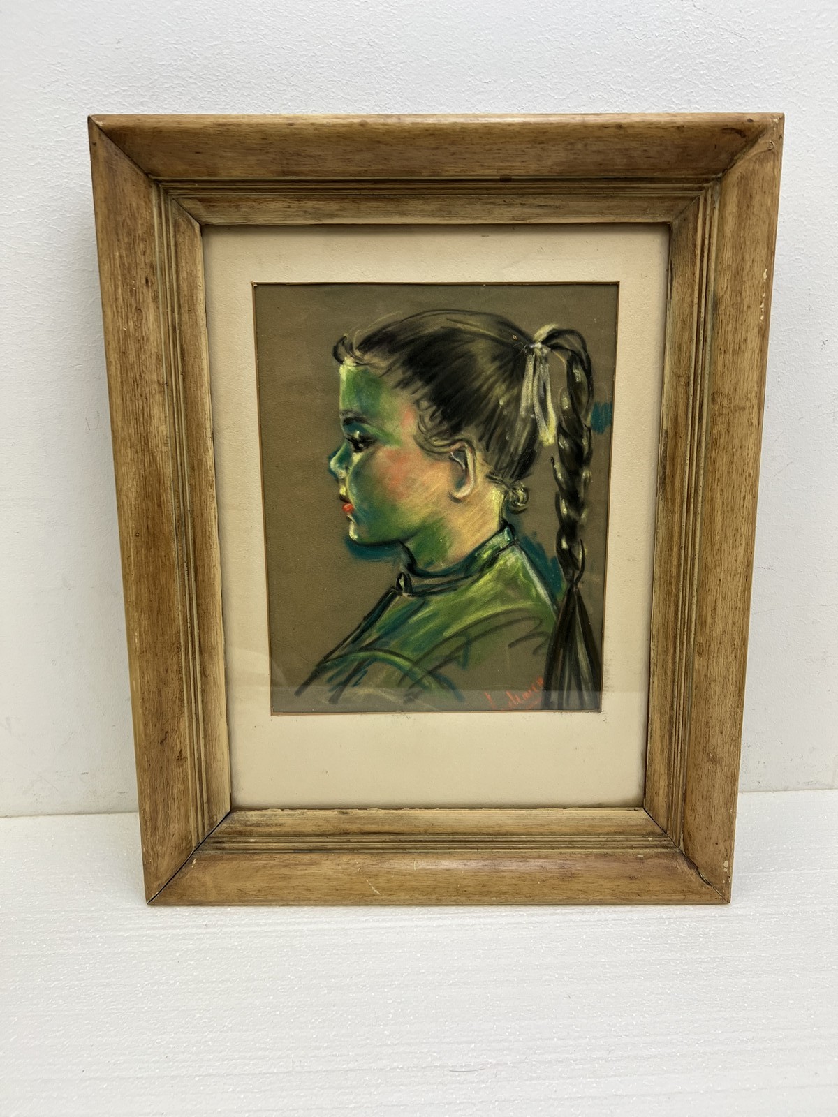 Vintage Pastel Chalk Portrait Drawing Young Girl Pigtail Braid Framed Signed mcm