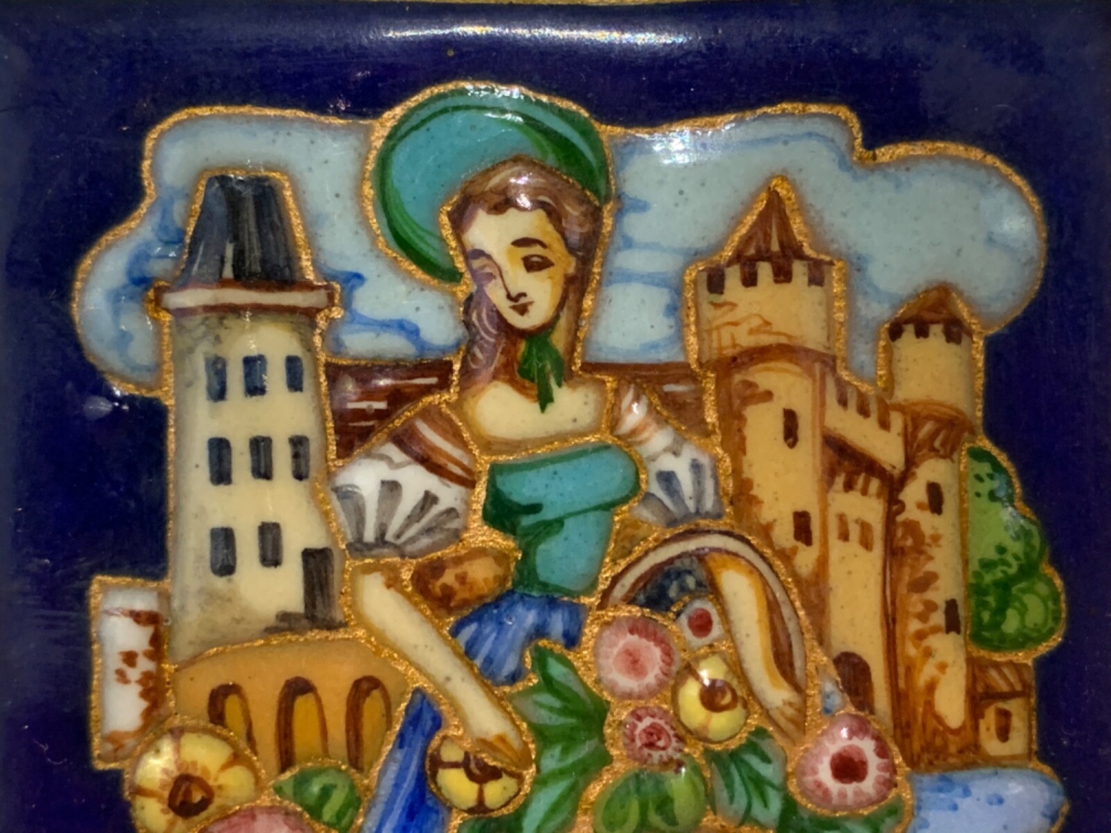 Vintage Framed Painted Enamel Flower Girl Plaque Art with Artist Initials