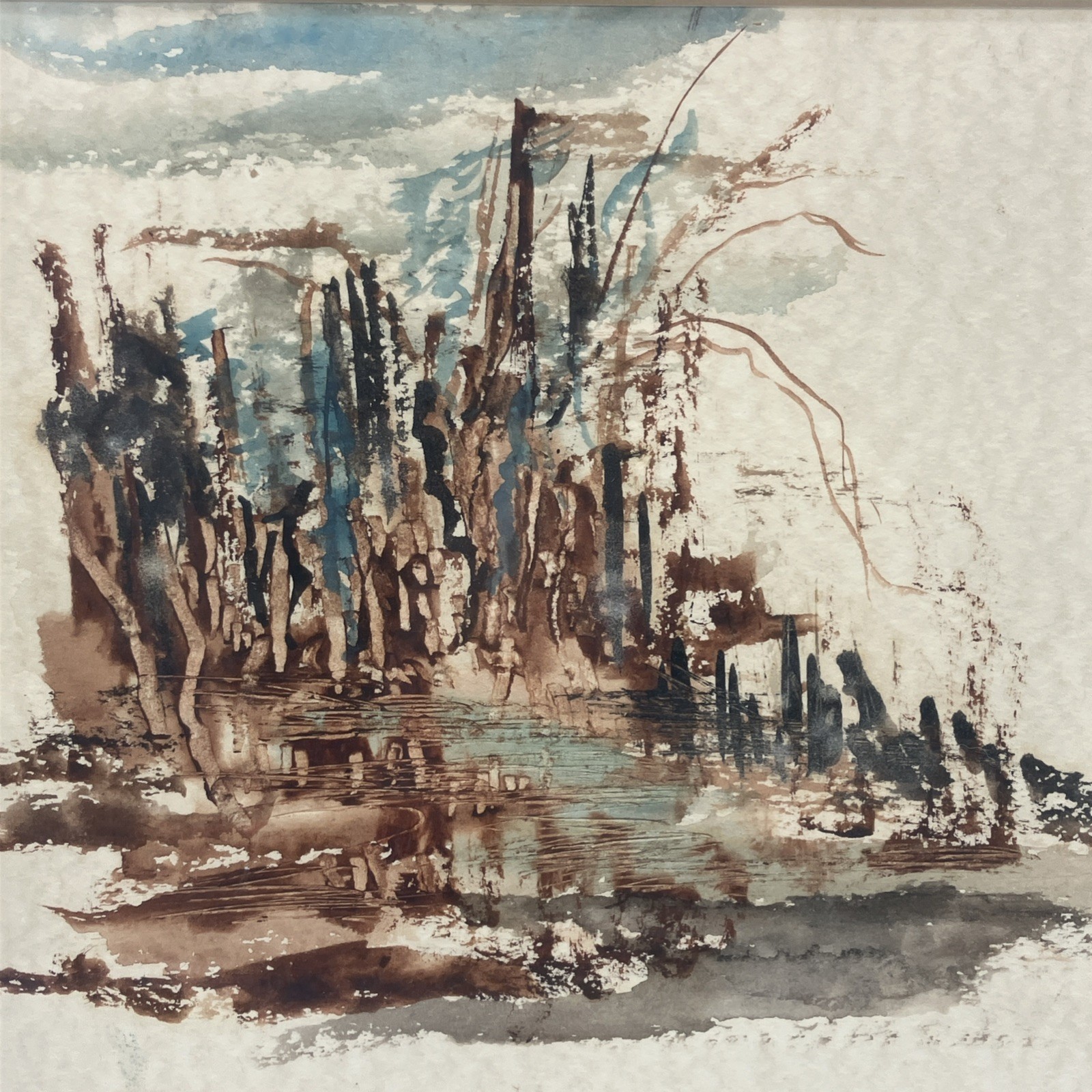 Original Watercolor Abstract Waters Edge Scene Signed Matted Framed Blue/Browns