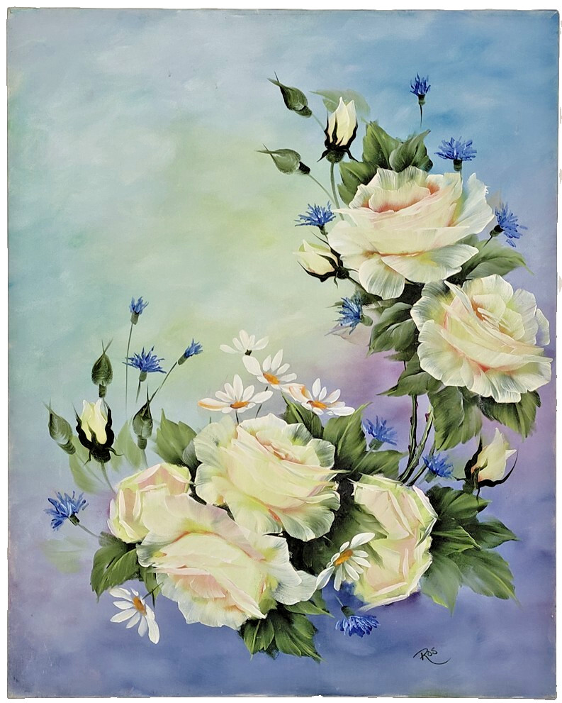 Vintage Original Artwork Oil Painting Flowers White Roses Daisies Cornflowers