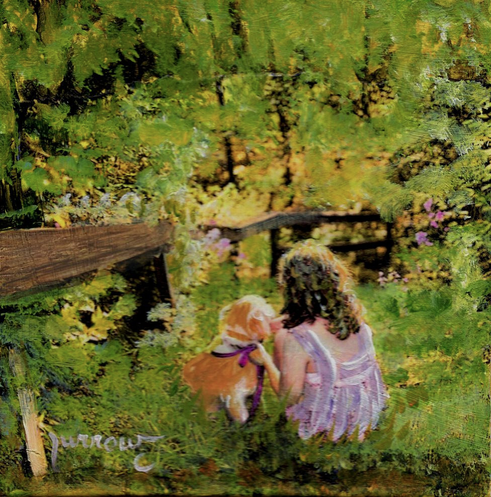 ORIGINAL COLLAGE ART CANVAS PANEL DOG GIRL NATURE BERRIES USA SUE FURROW