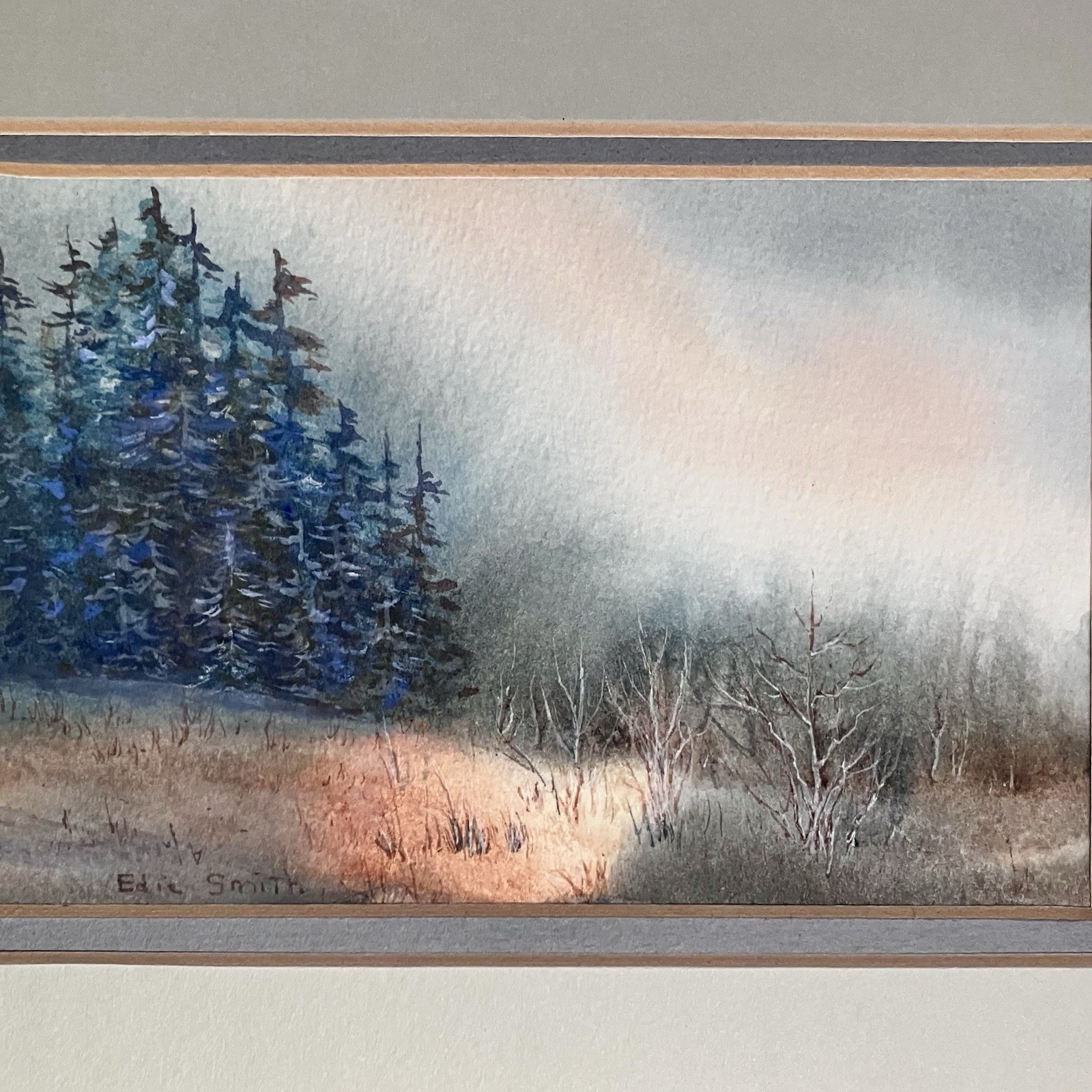 Small WATERCOLOR LANDSCAPE / Signed EDIE SMITH / Double Matted to 8×10 Inches