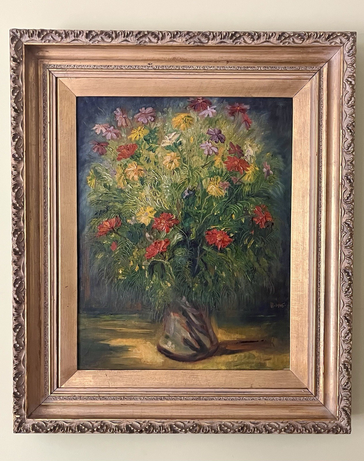 Floral Still Life Acrylic Oil on Canvas 1945 Signed
