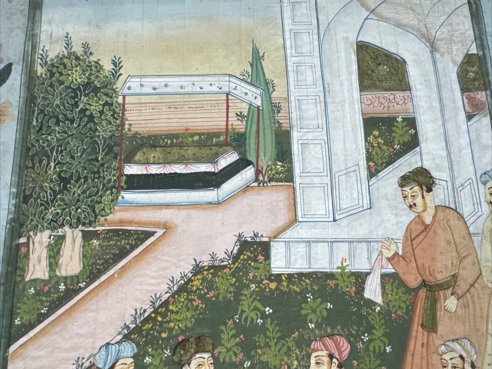 Vintage Persian Painting Courtyard Flower Border On Silk 19.5 X 13.5 Inches