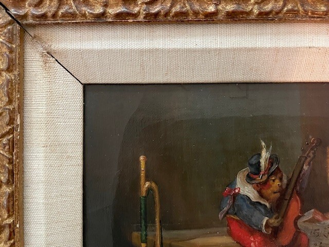 Early Oil Painting Pair, Monkey & Dogs – Animal Antics, Signed
