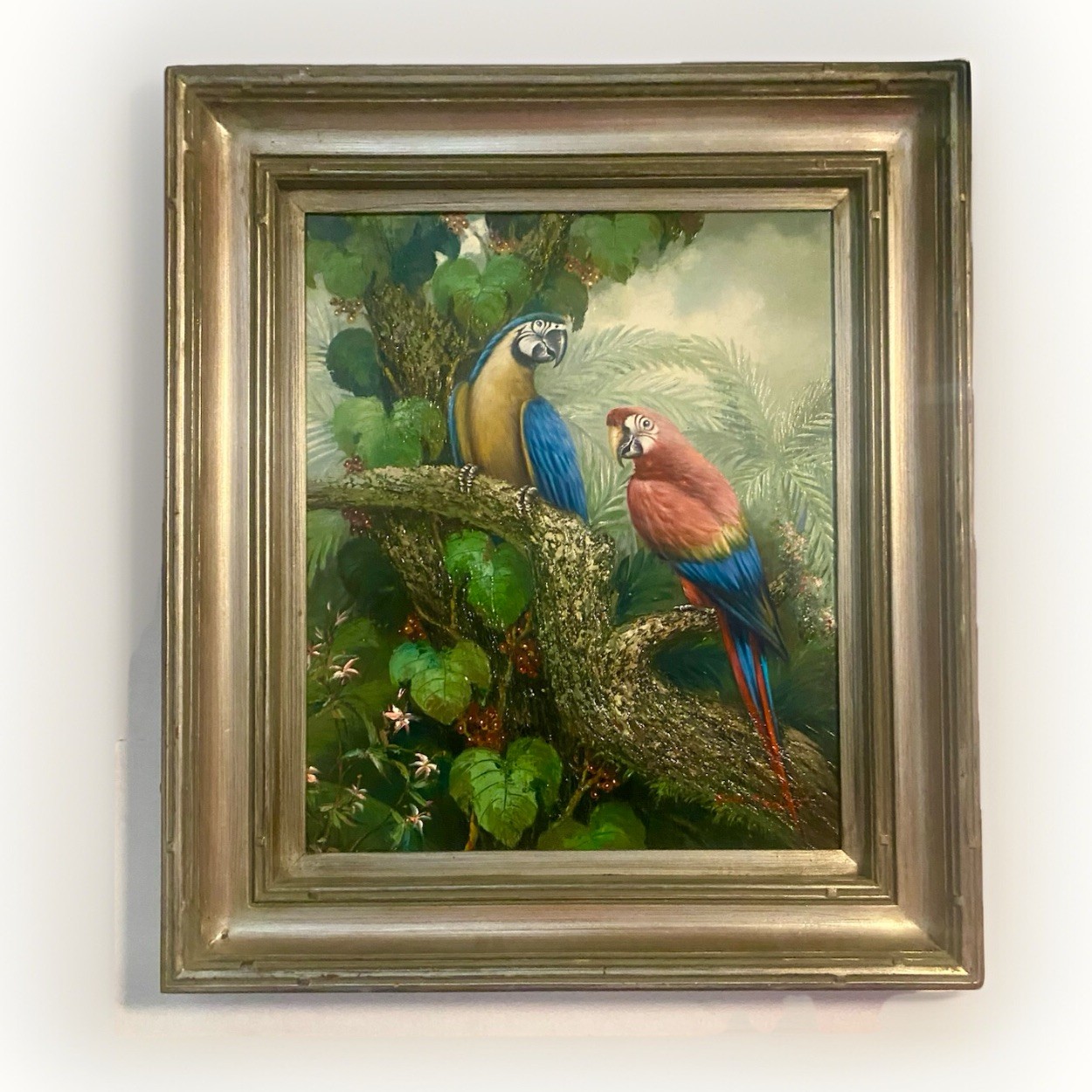 Vintage Guy Perlman Oil Painting Two Macaw Parrots Tropical Art Framed COA 33×29