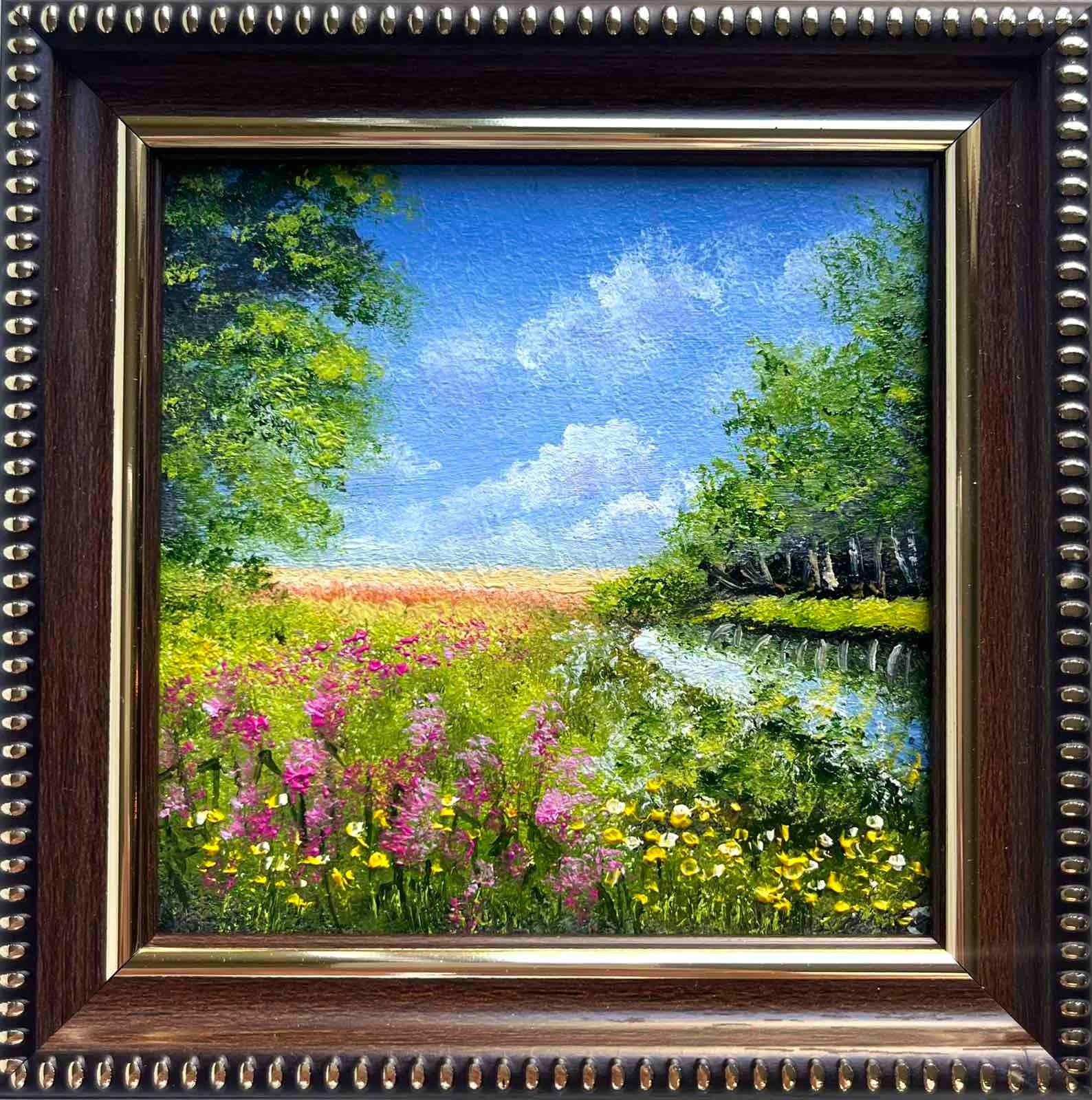Summer Original Oil Painting Landscape Meadow and Wildflowers Wall Art 4 x 4 in