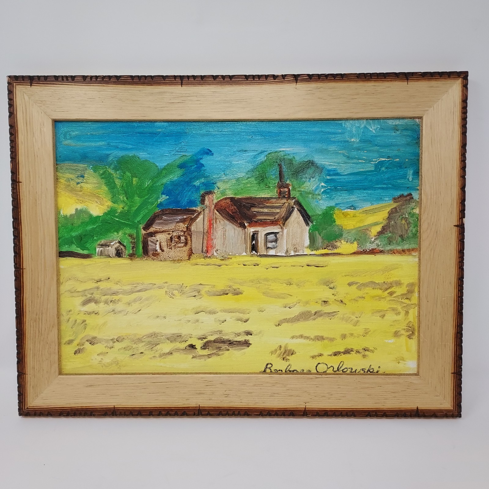 Small Colorful Painting House Rustic Frame Naive Folk Art Style Signed 13″ x 17″