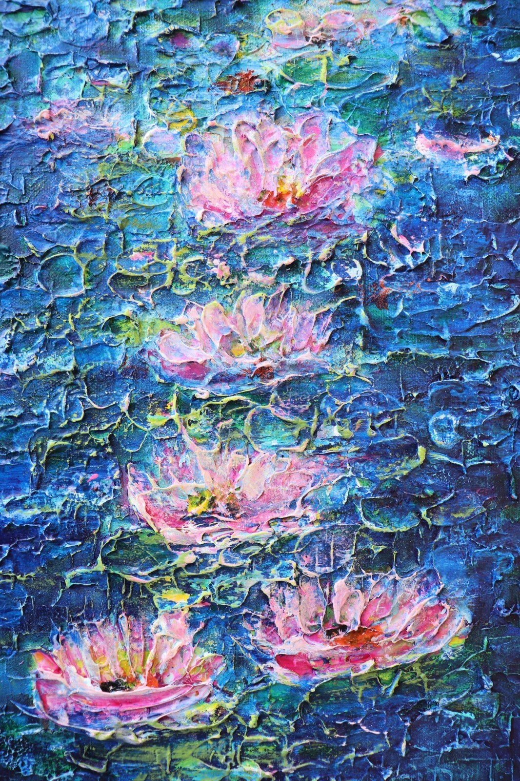 Water Lily Painting 11×14 Original Textured Blue Pond Canvas Art
