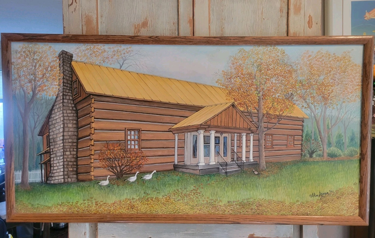 Alice Asmar Original Framed Art Oil Painting «Autumn Leaves» CountryCabin 48×24″