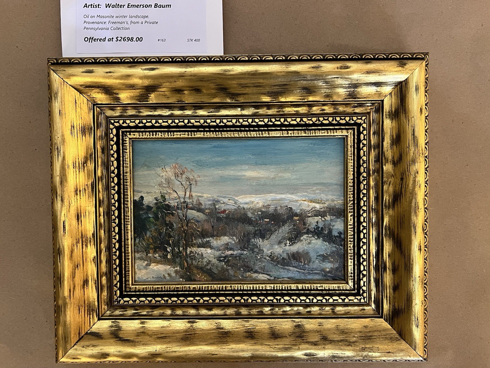 Walter Emerson Baum Oil on Masonite winter landscape From Private PA collection