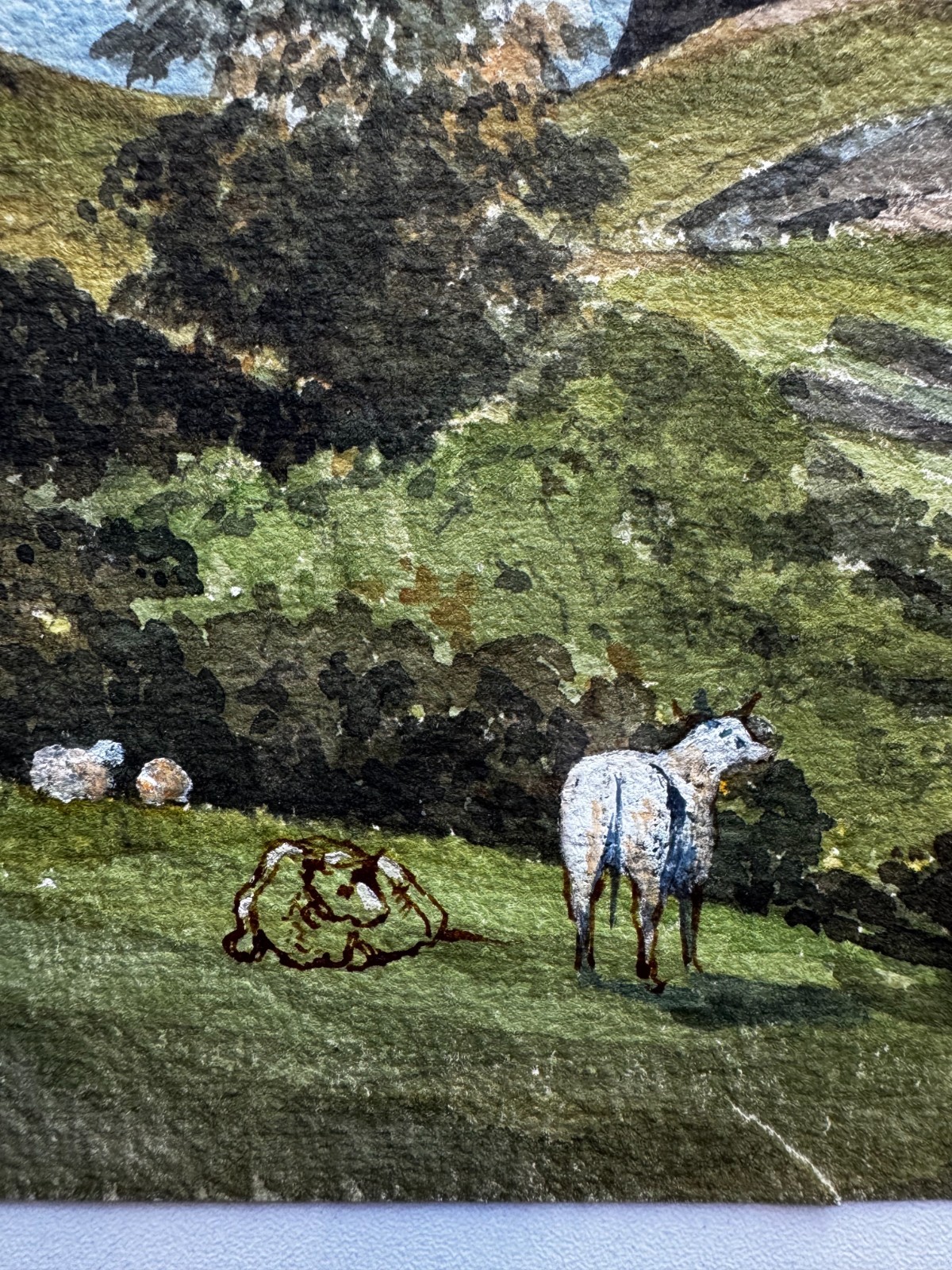 Vintage 19th Century Watercolor Landscape Scenic Painting Cows Meadow Rocky 13×9