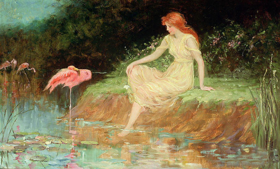 Oil painting NICE young girl seated by the pond birds cranes Flamingo