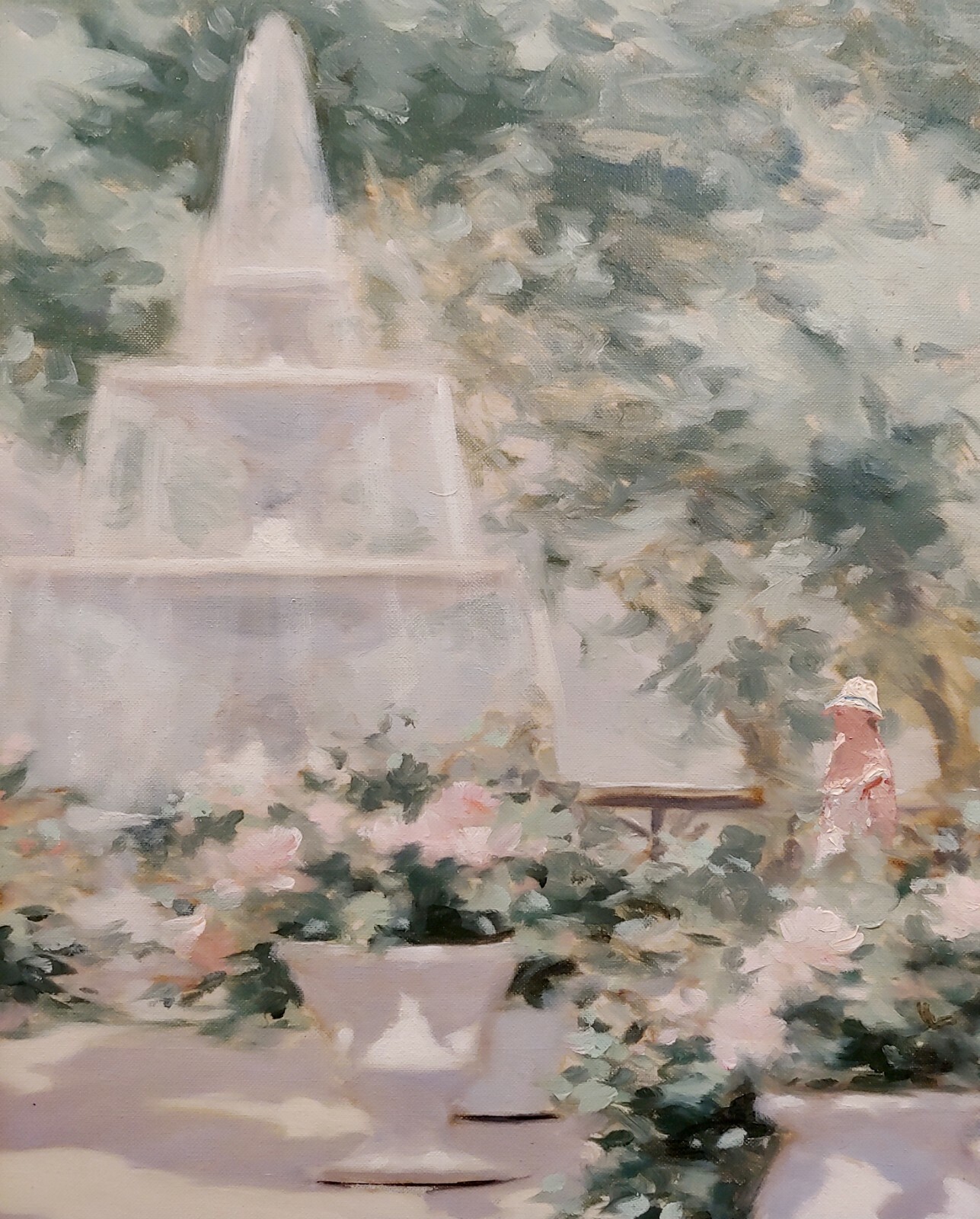 Andre Gisson -Young Woman near the Fountain at the Park-Oil painting