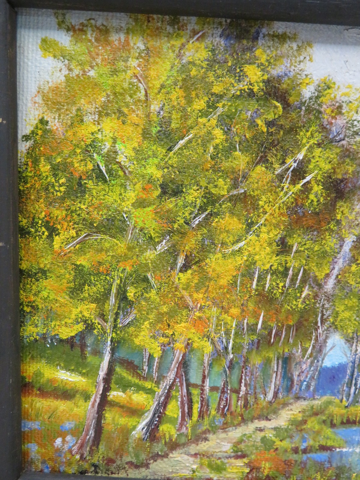 Original Acrylic Art Painting Signed Wood Frame Water Trees Autumn 7.5″ X 9.5″