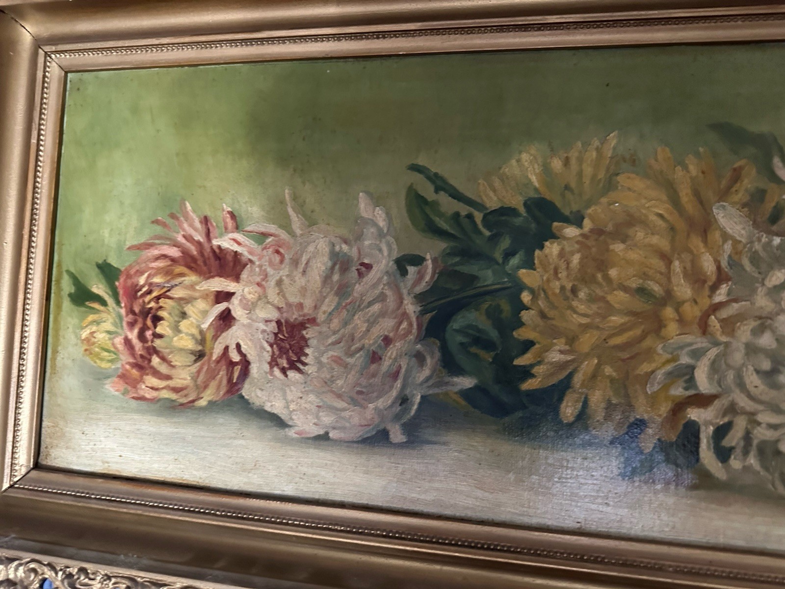 Antique Victorian Rare Horizontal Oil / C Chrysanthemum’s 40 X 14 Still Life