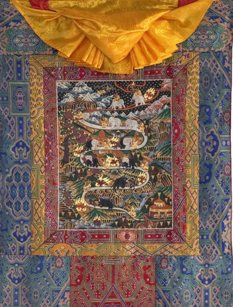 SAMATHA MEDITATION/ WAY TO HEAVEN ORIGINAL TIBETAN THANGKA PAINTING SILK FRAMED