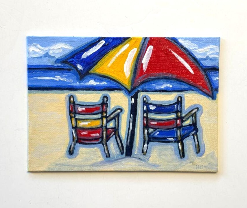 Original acrylic beach painting on canvas, 7 x 5 seascape umbrella chairs OOAK