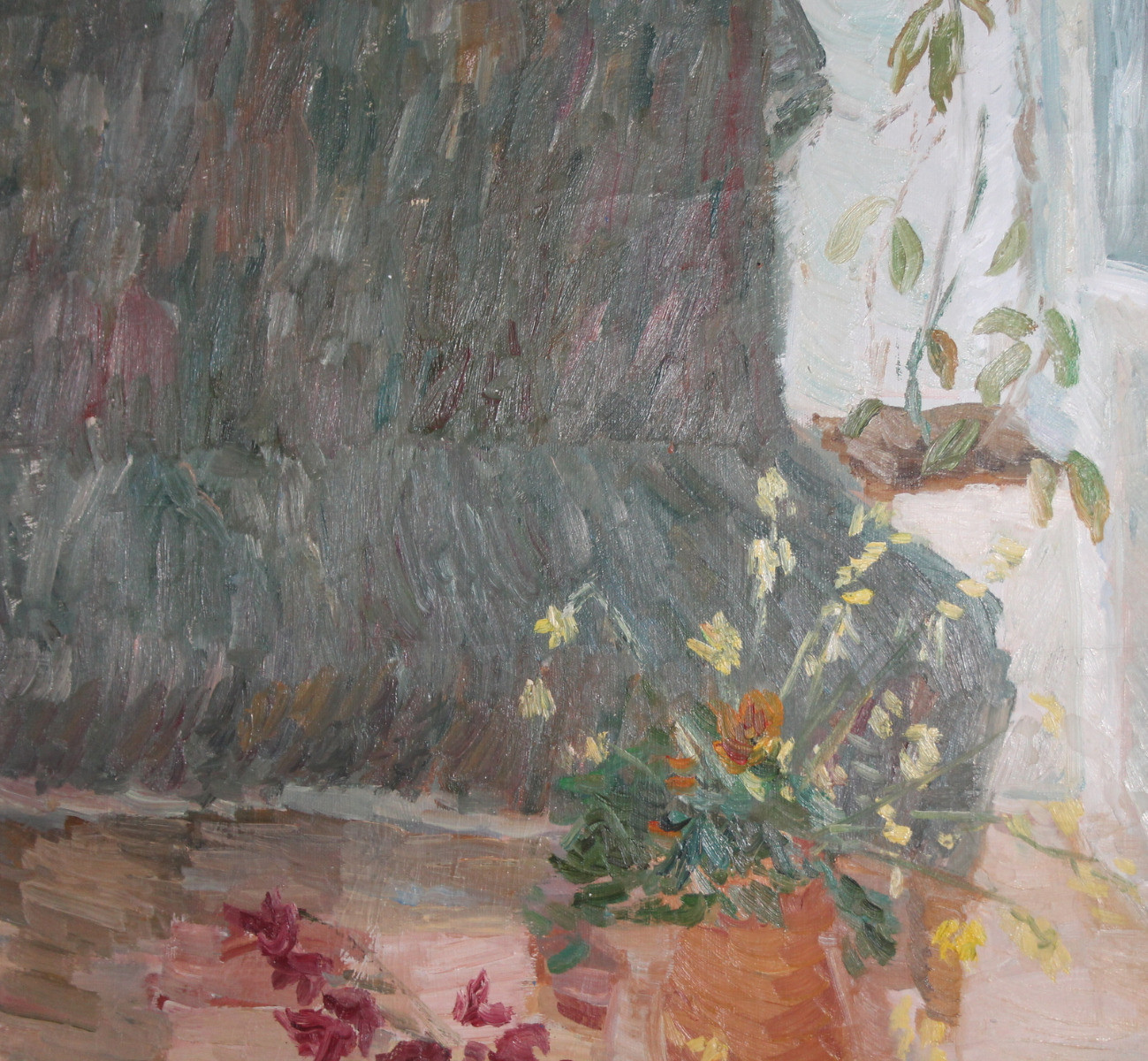 1982 European oil painting still life with flowers signed