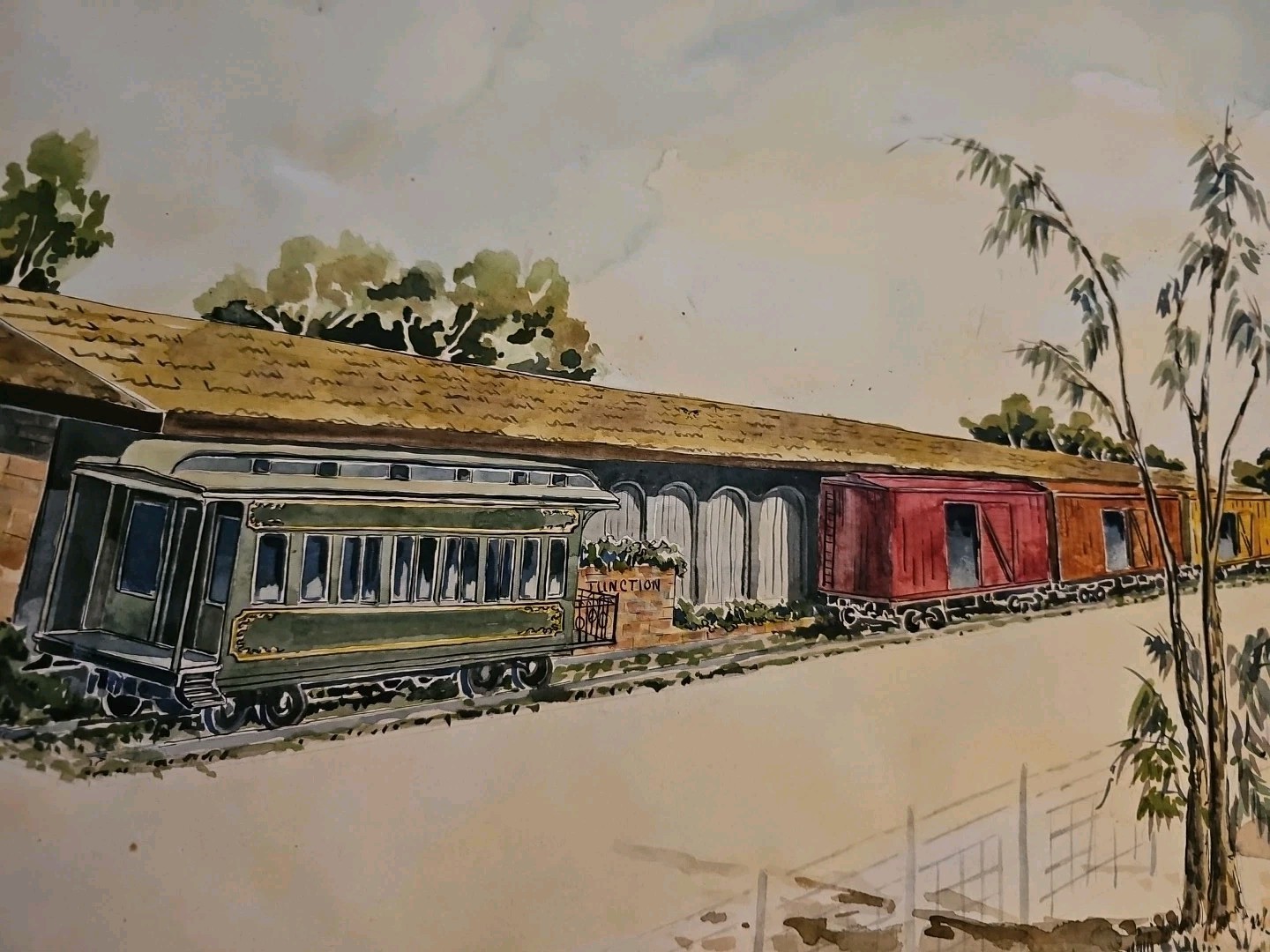 1976 B Wyeth Cordelia Junction Watercolor Fairfield CA Train Cars Arches 30×22.5