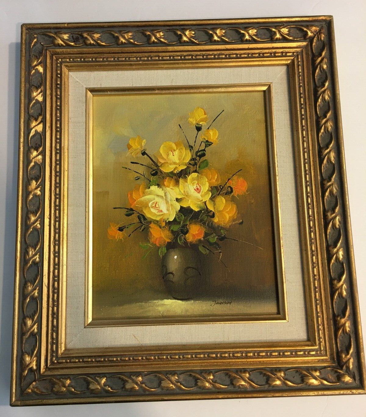 VINTAGE ROSE WHITE YELLOW GREEN GOLD FLORAL art oil painting JOHNSON 15X13