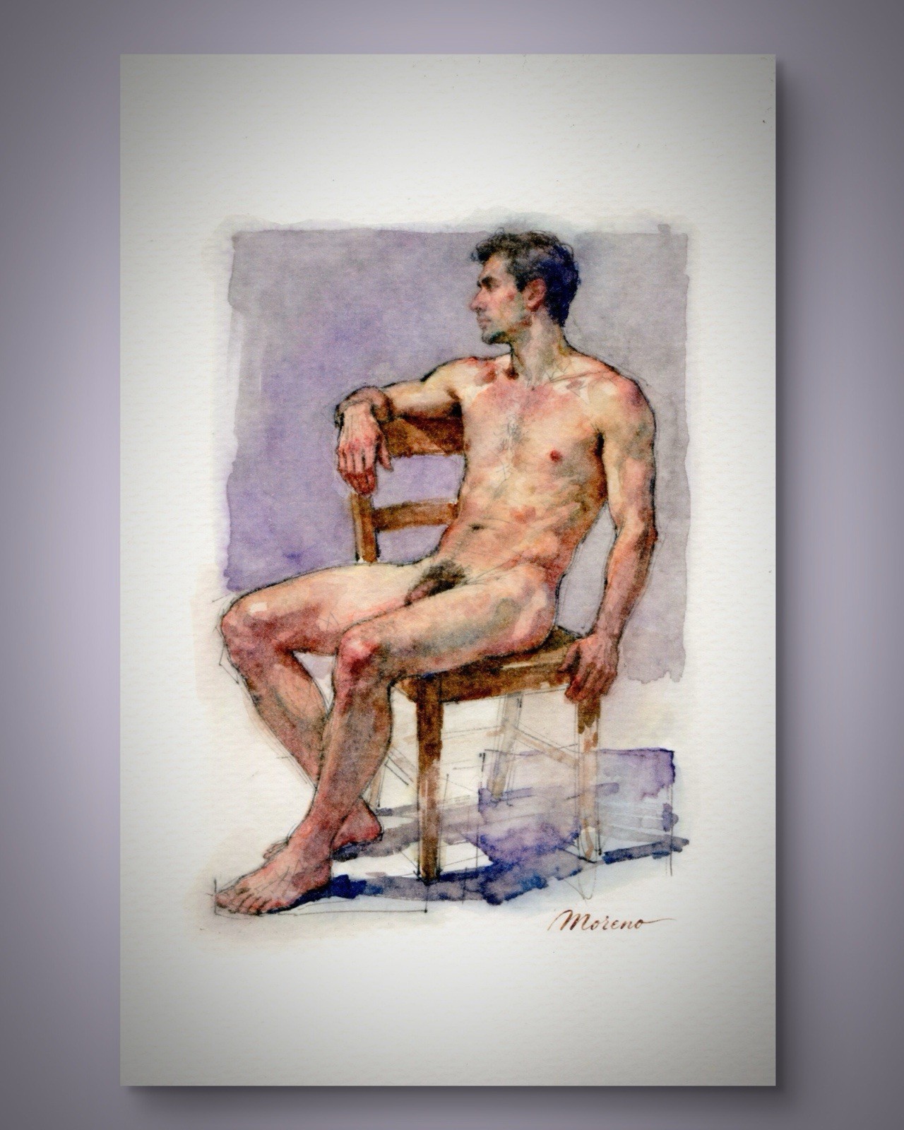 Original Watercolor Painting Classical Male Figure Book Page 5.5 × 8.5 inches)