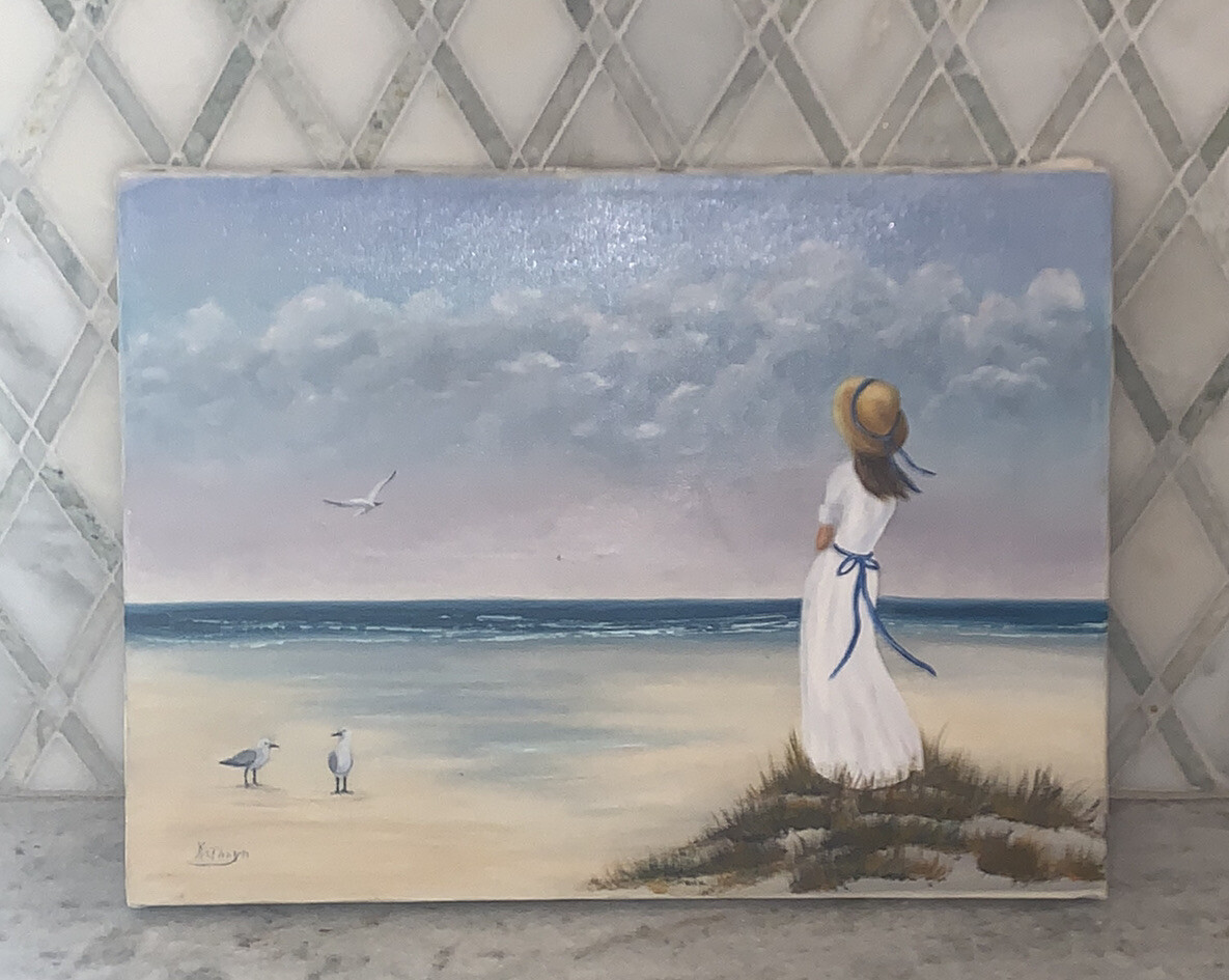 Vintage OOC Lady Girl Beach Seascape Birds Signed Kathryn Lawrence 12”x16”