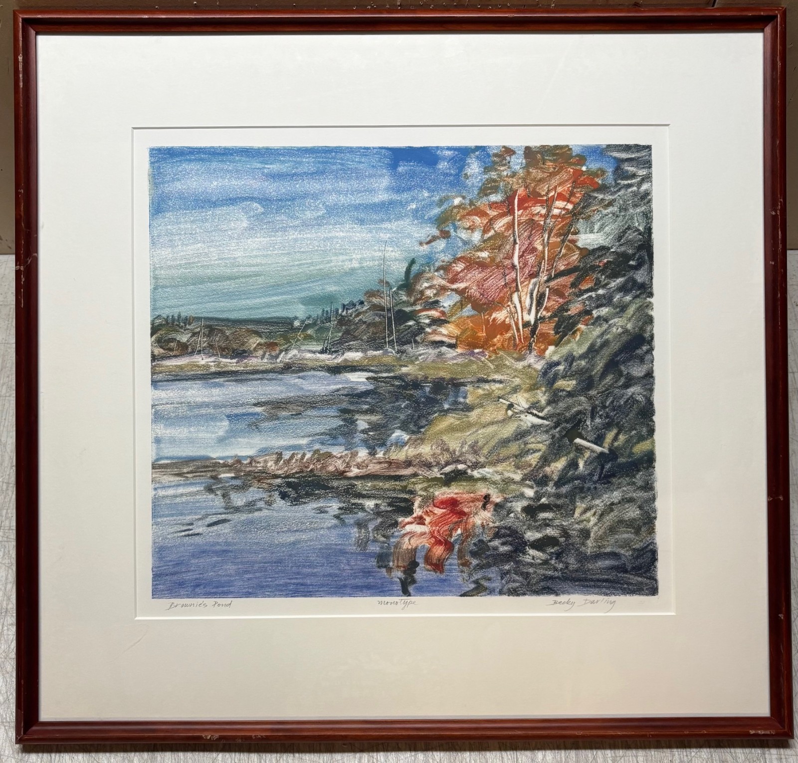 Original BECKY DARLING ‘Brownie Pond’ MONOTYPE Painting – New Hampshire Artist