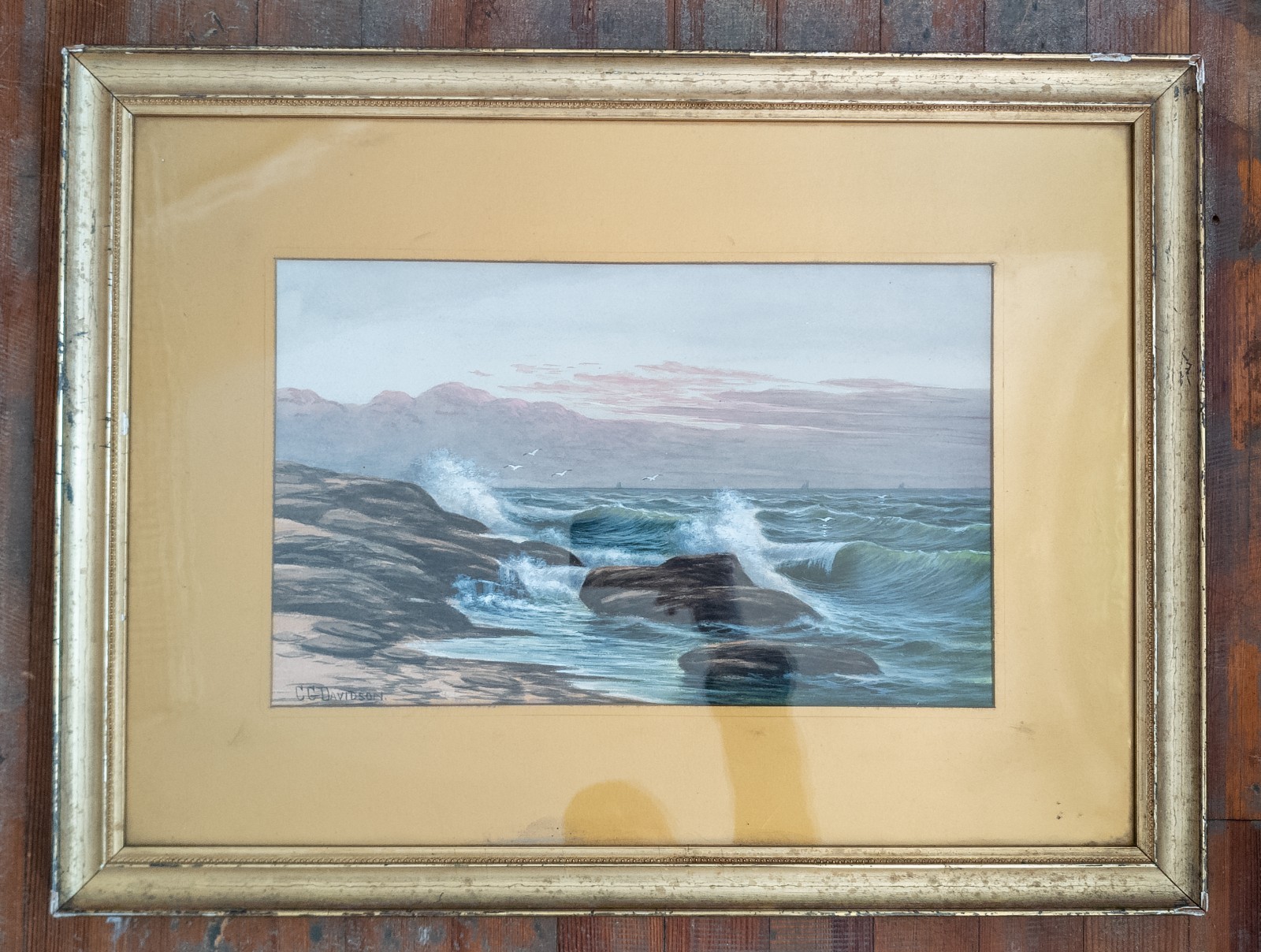Antique Charles Grant Davidson Watercolor Painting of Seashore Waves Luminist