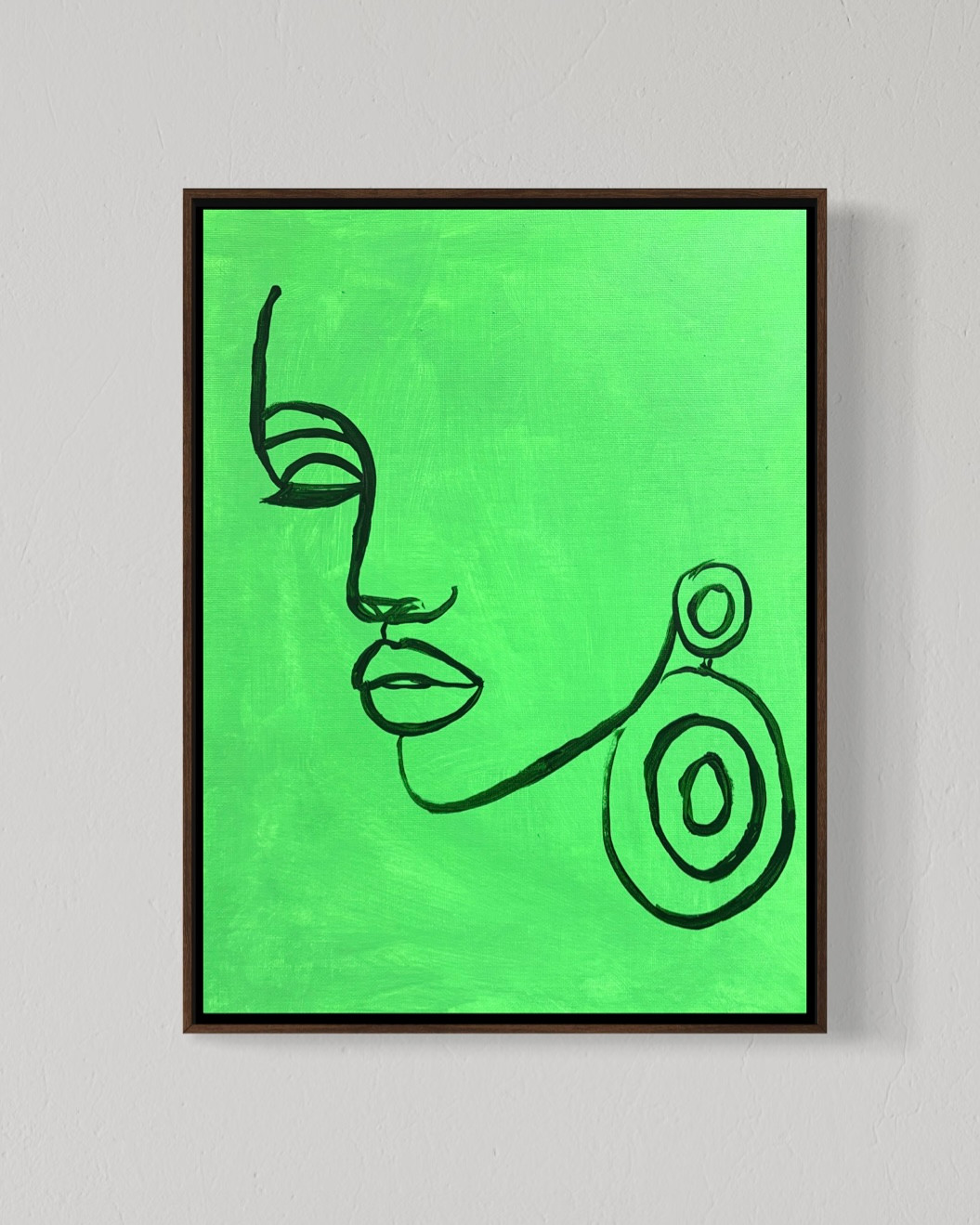 Original Female Face Line Art 12×16 Canvas Abstract Neon Green Wall Art Decor