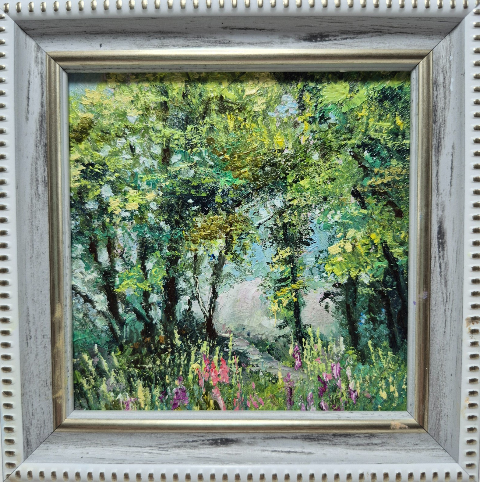 Original autographed oil painting in a frame.Summer landscape “In the Forest”4х4